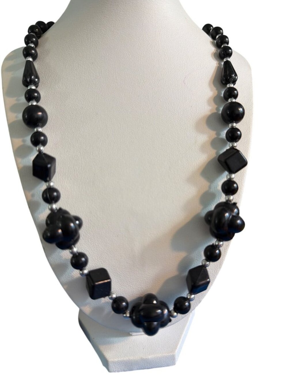 Vintage Black Acrylic Bead Necklace Mixed Shapes Silver Tone Square Mod MCM 20"
